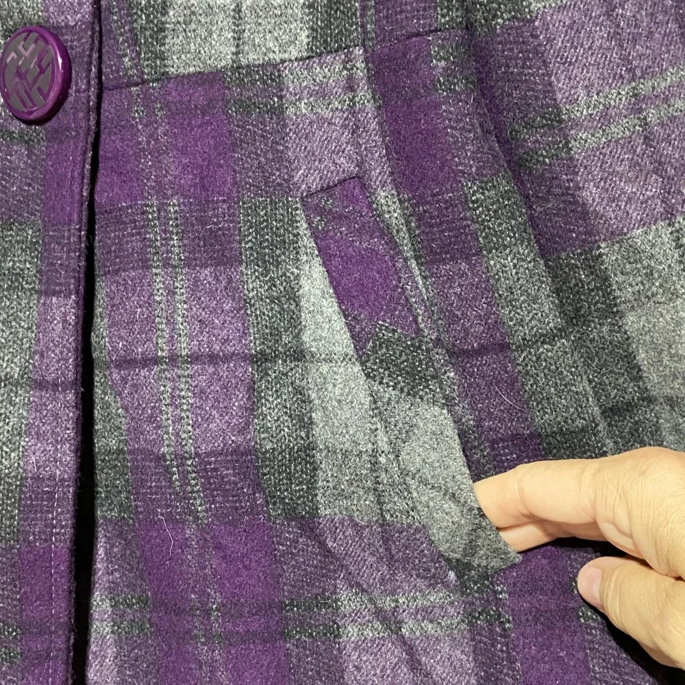 Guess Womens Y2K Purple Plaid Wool Blend Double Breasted Peacoat Jacket Size M
